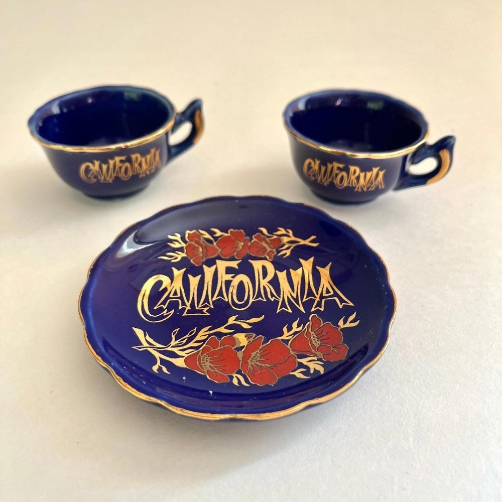 Vintage Set of 2 Miniature Tea Cups and Plate - Bold Blue with Gold Leaf